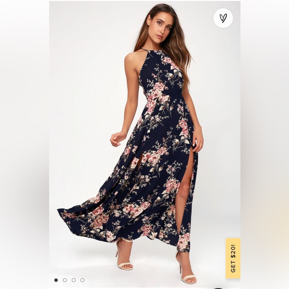 Lulu’s Feel the Music Midnight Navy Blue Floral Print Maxi Dress